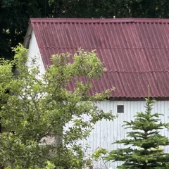 Czerwony eternit na dachu białego budynku, otoczony zielenią drzew i krzewów.