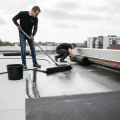 Dwóch mężczyzn układa lepik na dachu. Jeden rozprowadza masę, drugi rozwija rolkę materiału.