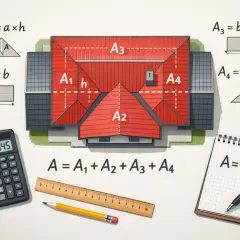 Ilustracja pokazuje, jak obliczyć powierzchnię dachu, dzieląc go na prostokąty i trójkąty. Obok domu znajdują się wzory matematyczne, kalkulator i przybory kreślarskie.