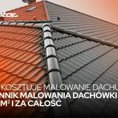 Dach podzielony na dwie części: czerwoną i grafitową. Tekst: "Ile kosztuje malowanie dachu? Cennik malowania dachówki za m² i za całość.