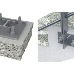 Solidne mocowanie balustrady od czoła do betonu i ściany. Wytrzymałe śruby i płyty zapewniają stabilność.
