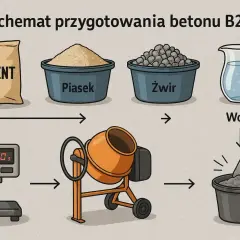 Schemat przygotowania betonu B20: cement, piasek, żwir i woda. Kluczowe są właściwe proporcje betonu, ważone na wadze, a następnie mieszane w betoniarce.