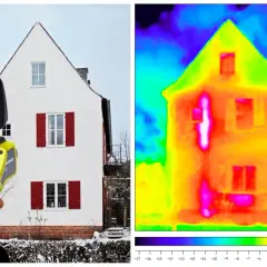 Kamera termowizyjna pokazuje dom, na którym widać miejsca ucieczki ciepła. Jasne plamy wskazują na mostek termiczny.