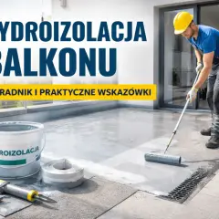 Pracownik wykonuje hydroizolację balkonu, wałkując szarą masę. Obok wiadro z napisem "HYDROIZOLACJA".