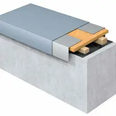 Przekrój konstrukcji dachu płaskiego z attyką, pokazujący izolację, drewniane elementy i metalowe pokrycie.