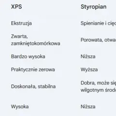 Tabela porównująca właściwości XPS i styropianu, materiałów na bazie polistyrenu. Różnice w procesie produkcji, strukturze, wytrzymałości, nasiąkliwości, izolacyjności i odporności biologicznej.