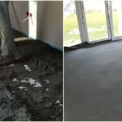 Prace budowlane: wylewanie betonduru na podłogę i gotowa, gładka posadzka.
