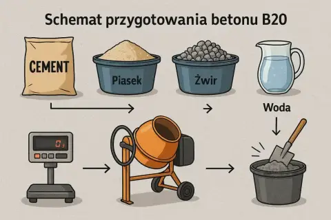Schemat przygotowania betonu B20: cement, piasek, żwir i woda. Kluczowe są właściwe proporcje betonu, ważone na wadze, a następnie mieszane w betoniarce.
