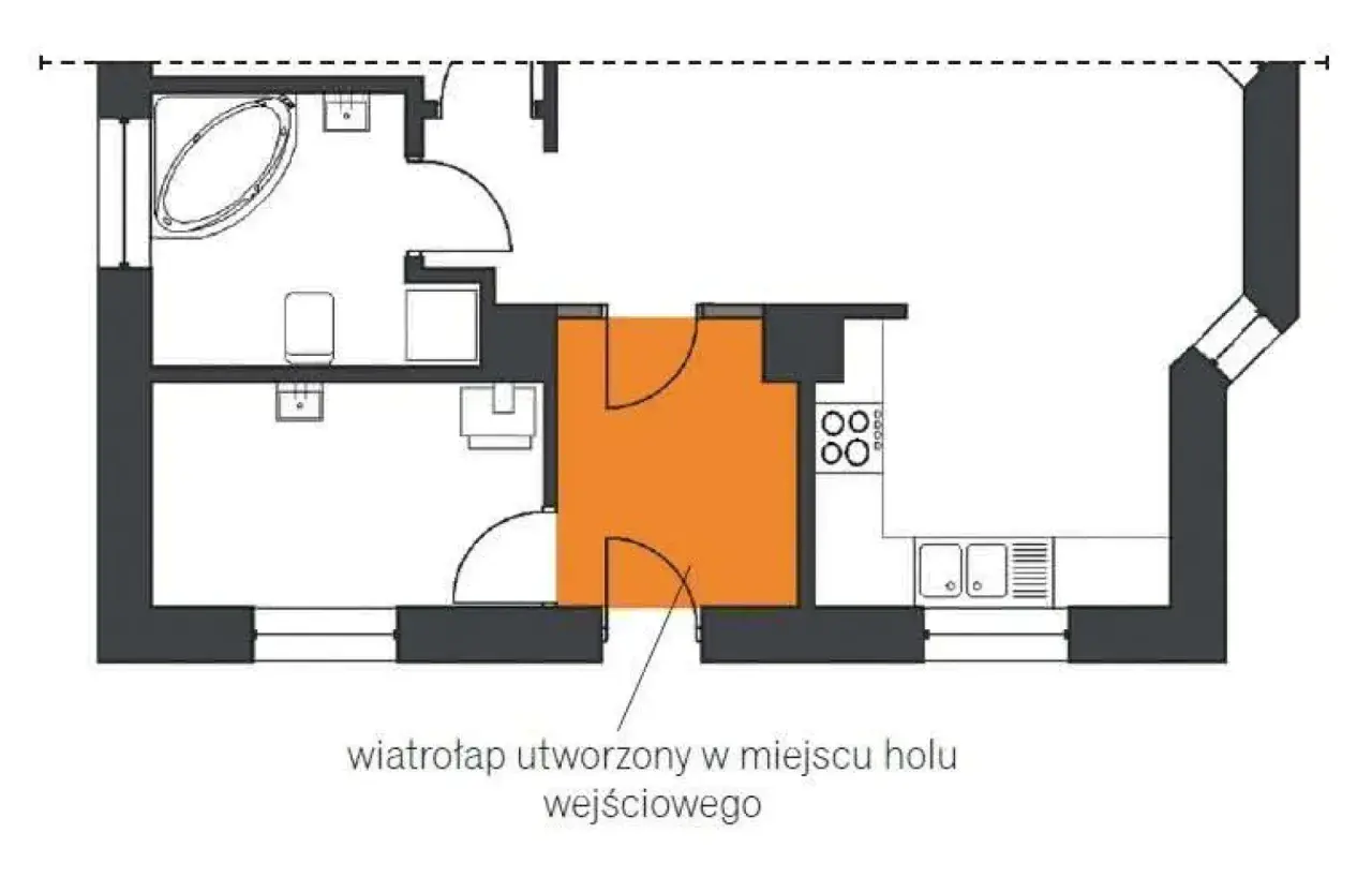 Plan mieszkania z zaznaczonym na pomarańczowo wiatrołapem, który powstał w miejscu dawnego holu wejściowego. Widać łazienkę i kuchnię.