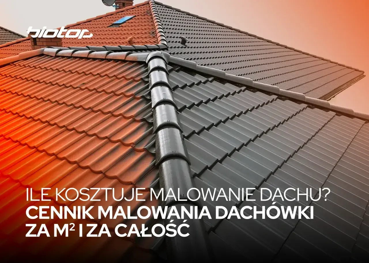 Dach podzielony na dwie części: czerwoną i grafitową. Tekst: "Ile kosztuje malowanie dachu? Cennik malowania dachówki za m² i za całość.