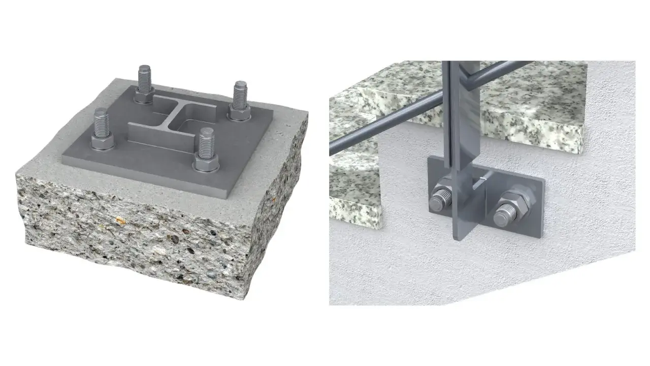 Solidne mocowanie balustrady od czoła do betonu i ściany. Wytrzymałe śruby i płyty zapewniają stabilność.