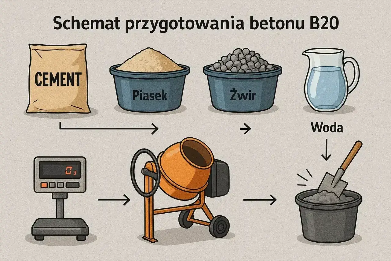 Schemat przygotowania betonu B20: cement, piasek, żwir i woda. Kluczowe są właściwe proporcje betonu, ważone na wadze, a następnie mieszane w betoniarce.