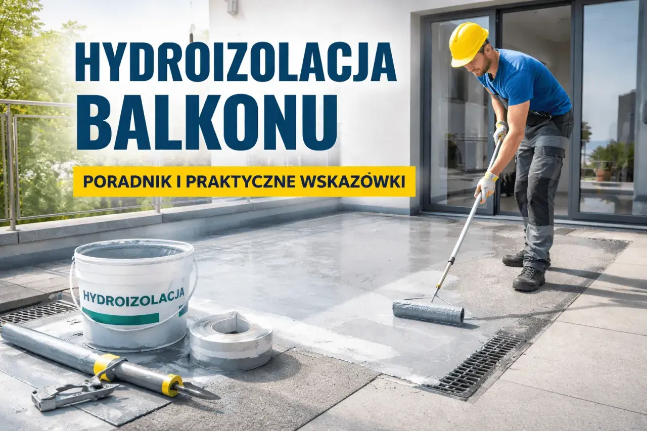 Pracownik wykonuje hydroizolację balkonu, wałkując szarą masę. Obok wiadro z napisem "HYDROIZOLACJA".