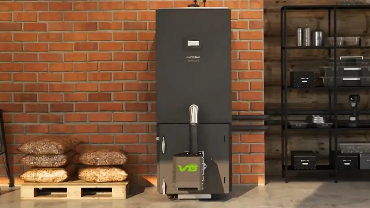 Nowoczesny piec na pellet z zielonym logo, obok palety z workami pelletu. Idealny do uzyskania dofinansowanie do pieca na pellet.