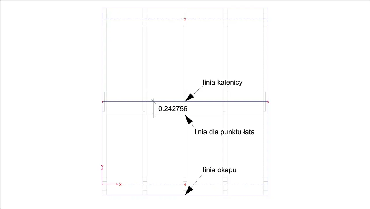 Schemat dachu z zaznaczonym rozstawem łat pod blachodachówkę. Widać linię kalenicy, okapu i punktu łaty.