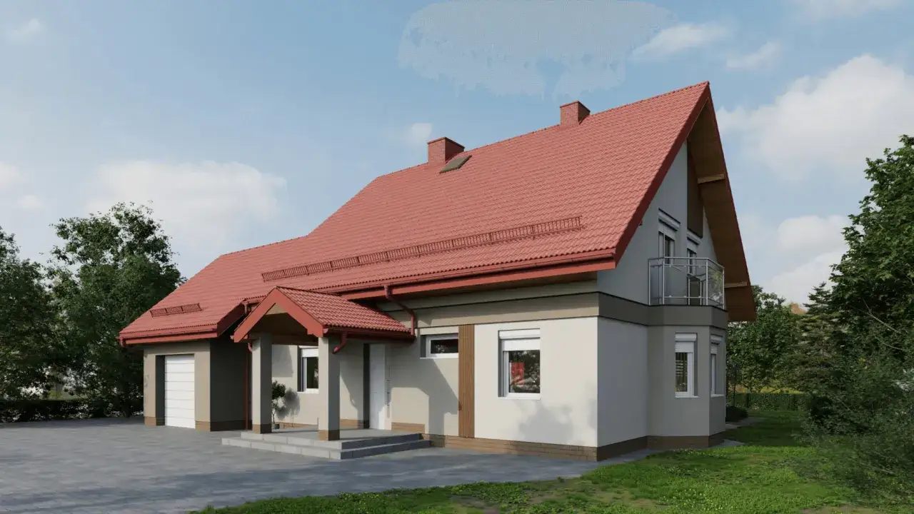 Wizualizacja domu z czerwonym dachem i jasną elewacją.