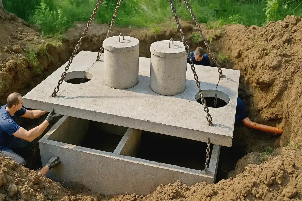 Montaż szamba betonowego 10m3. Cena z montażem obejmuje instalację.