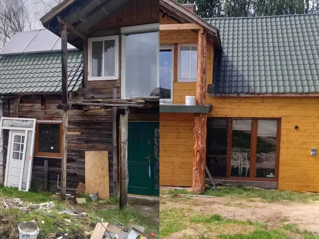 Przed i po: stara, zniszczona drewniana chata przeszła gruntowną modernizację, zyskując nowe, żółte drewniane ściany i okna.