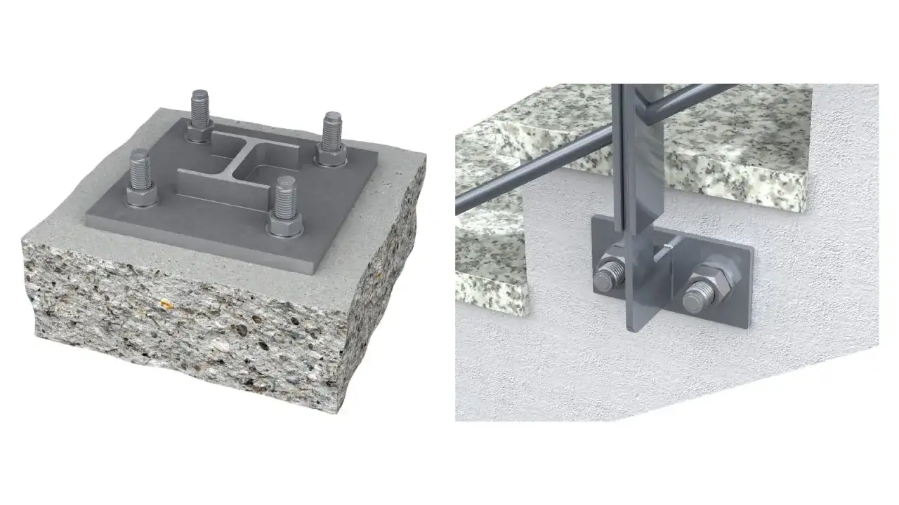 Solidne mocowanie balustrady od czoła do betonu i ściany. Wytrzymałe śruby i płyty zapewniają stabilność.