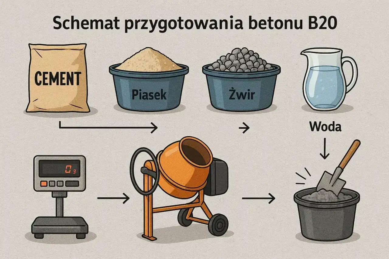 Schemat przygotowania betonu B20: cement, piasek, żwir i woda są ważone i mieszane w betoniarce. Kluczowe są właściwe proporcje betonu.