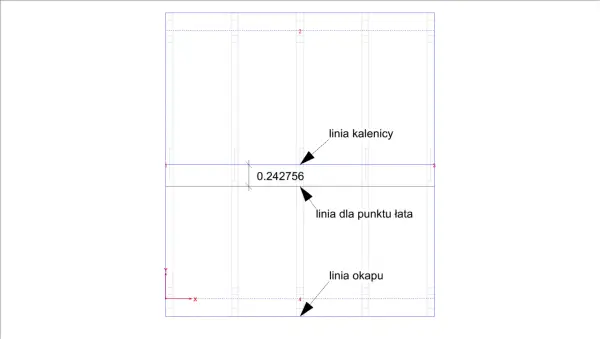 Schemat dachu z zaznaczonym rozstawem łat pod blachodachówkę. Widać linię kalenicy, okapu i punktu łaty.