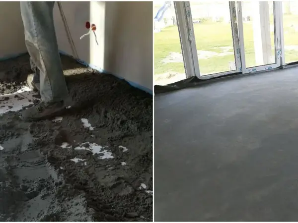 Prace budowlane: wylewanie betonduru na podłogę i gotowa, gładka posadzka.